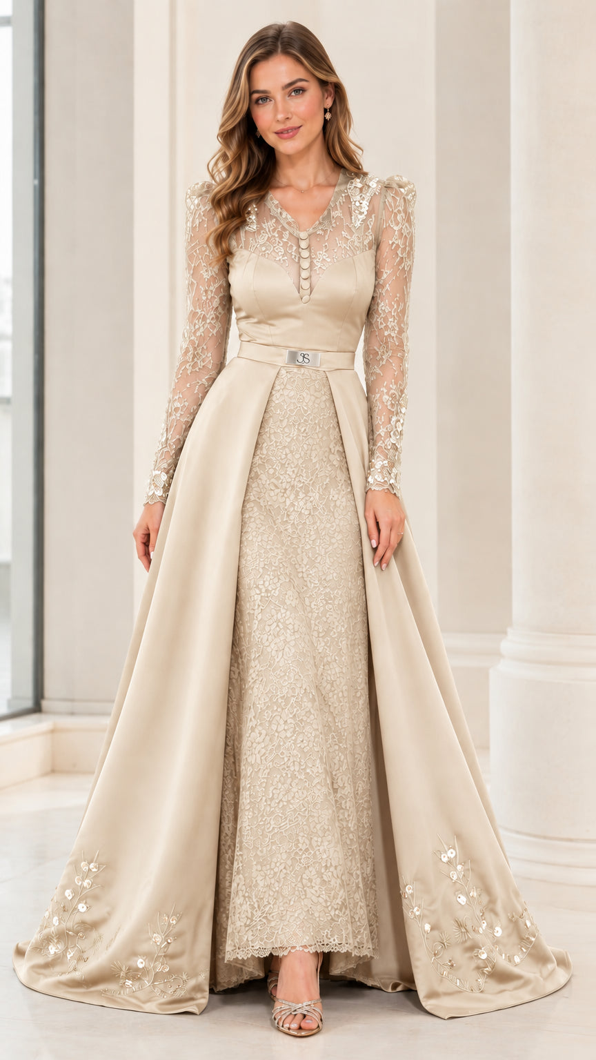 Model wearing Champagne gold long sleeve formal evening gown with overskirt