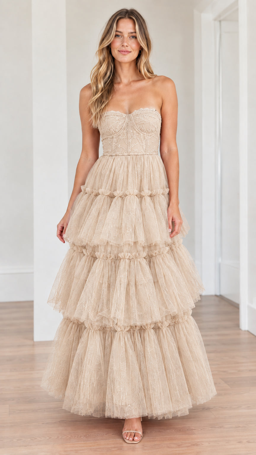 Champagne beige strapless lace corset tiered tulle gown