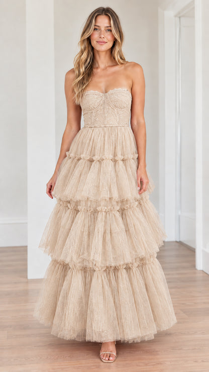 Champagne beige strapless lace corset tiered tulle gown