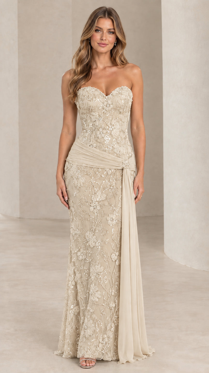 Front view of champagne gold strapless beaded lace formal gown