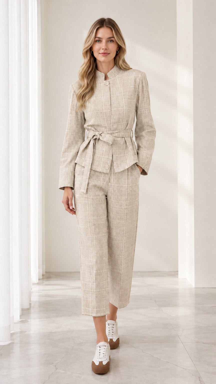 Full front view of model wearing beige oatmeal plaid belted pant suit set