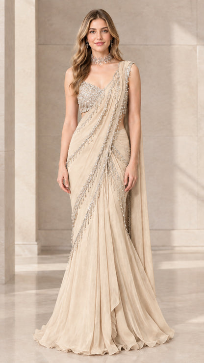 Front view of model wearing Champagne beige pre-draped saree gown with sequin top