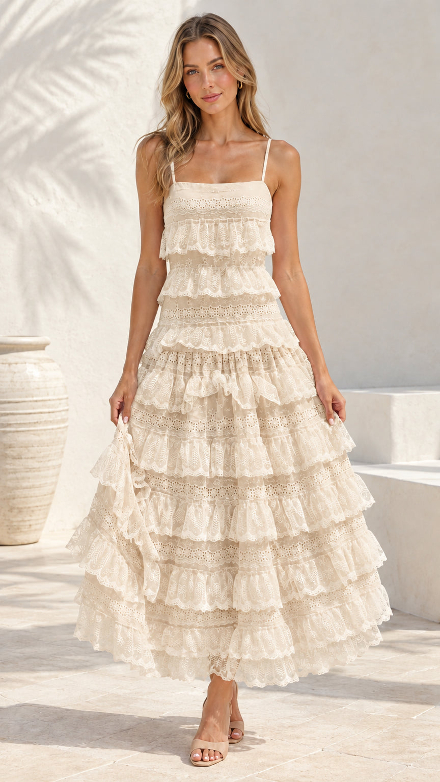 Front view of woman wearing Cream tiered eyelet lace cami maxi dress