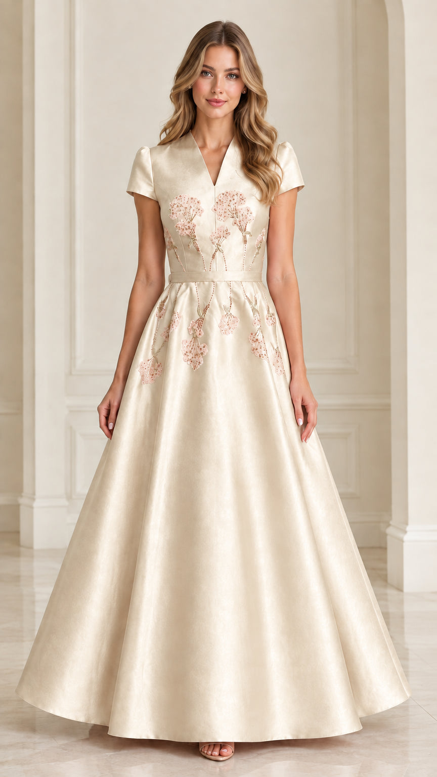 Front view of model wearing Champagne satin beaded formal dress