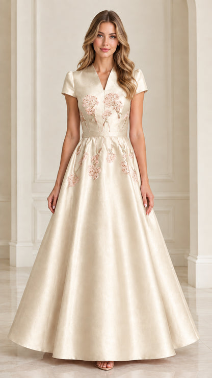 Front view of model wearing Champagne satin beaded formal dress