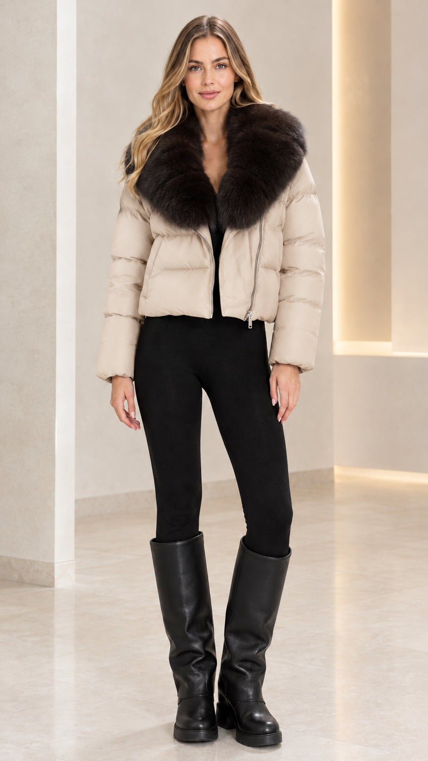 Front full view of woman modeling Cream beige cropped puffer coat with contrasting dark fur collar