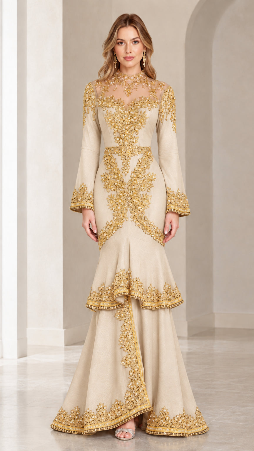 Champagne beige long-sleeve evening gown with gold embroidery and mermaid hem
