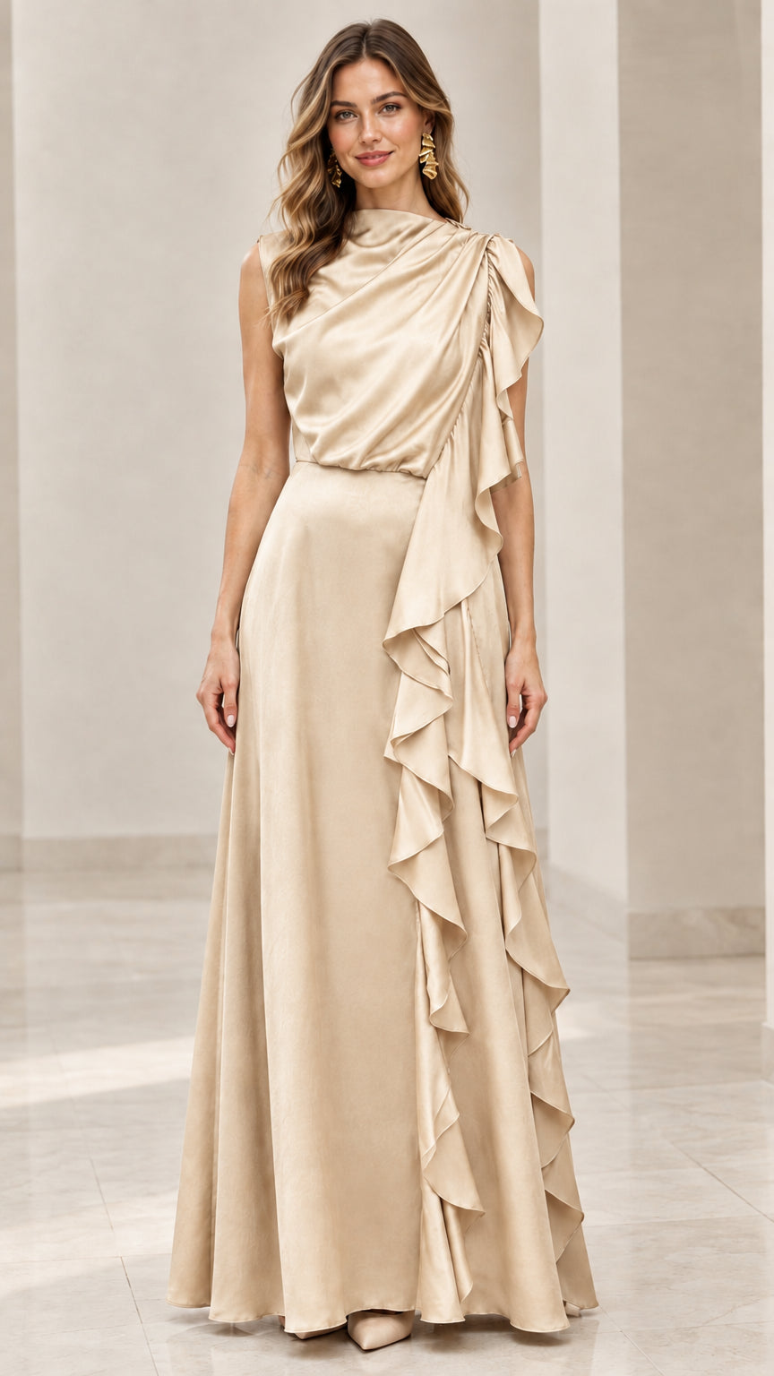 Model wearing the elegant draped satin evening maxi dress in champagne beige
