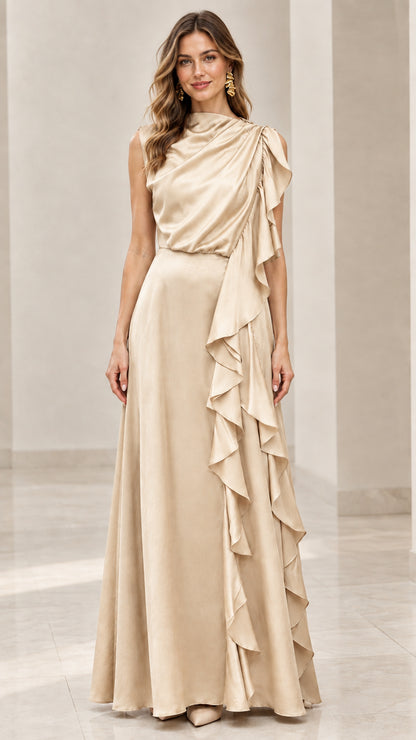 Model wearing the elegant draped satin evening maxi dress in champagne beige