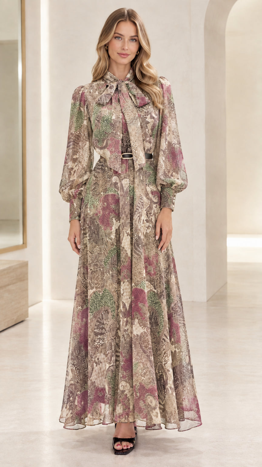 Front view of woman wearing Taupe Multi elegant long sleeve maxi dress