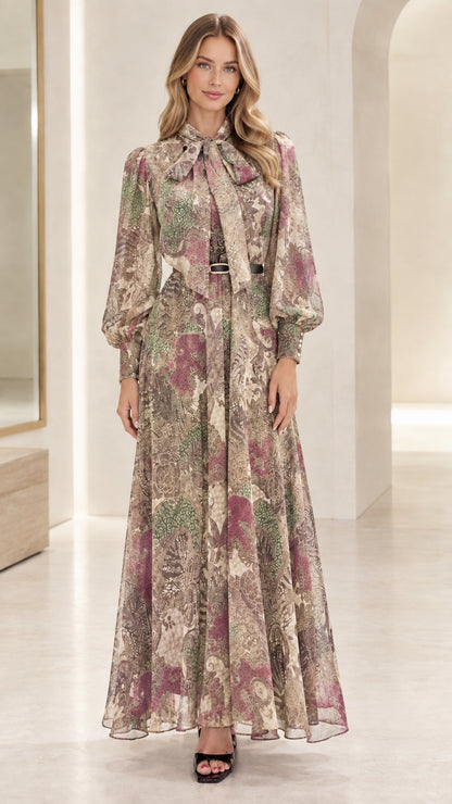 Front view of woman wearing Taupe Multi elegant long sleeve maxi dress