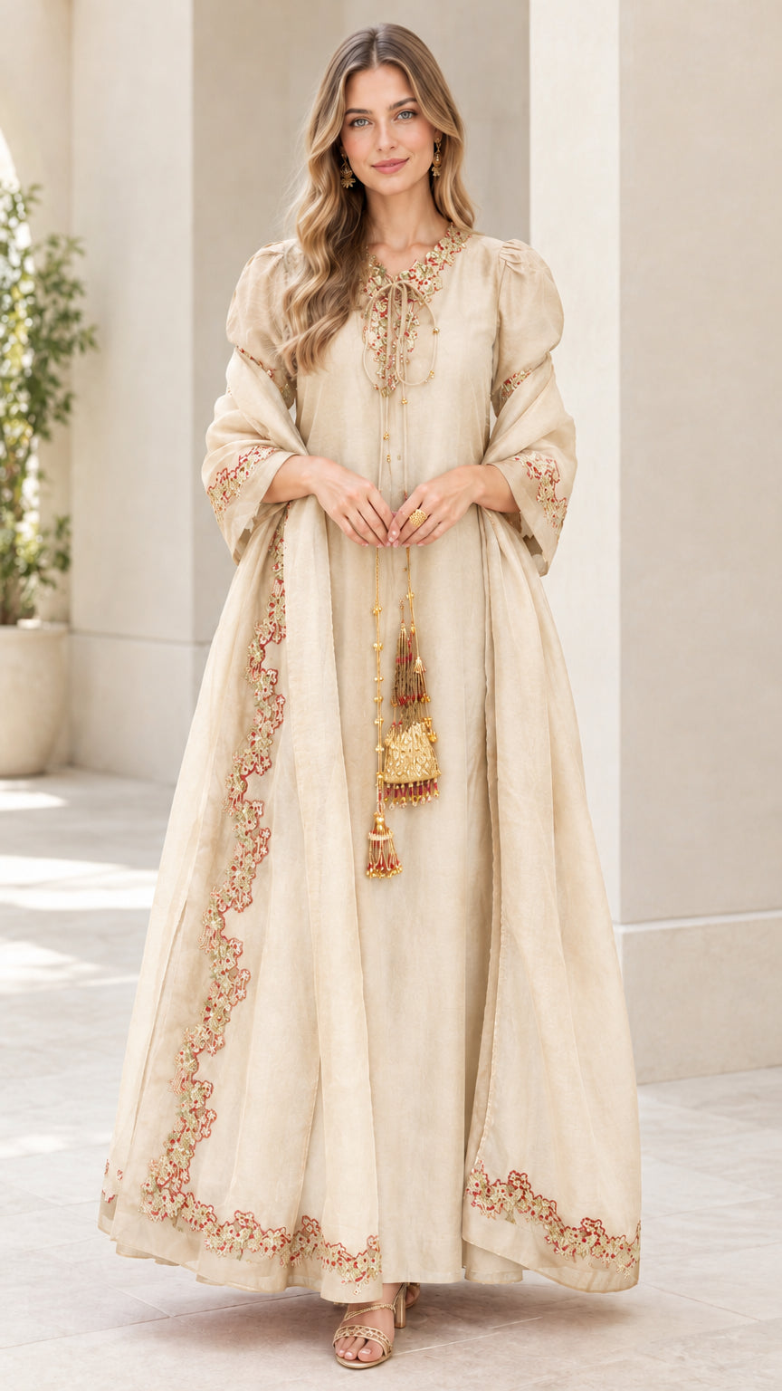 Full front view of champagne cream embroidered maxi dress with sheer scarf set