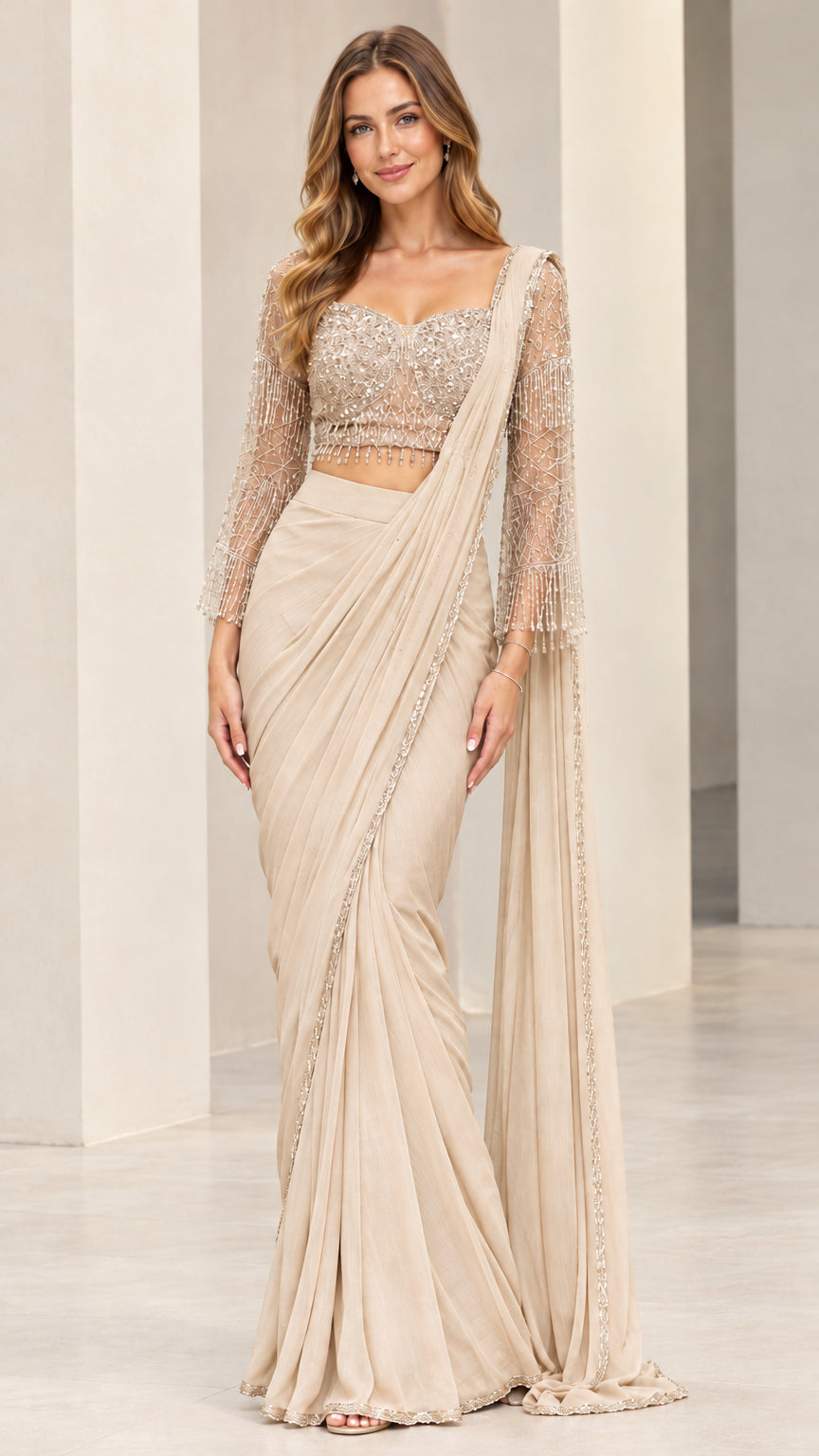 Champagne beige pre-draped saree set with beaded sleeves and fluid drape
