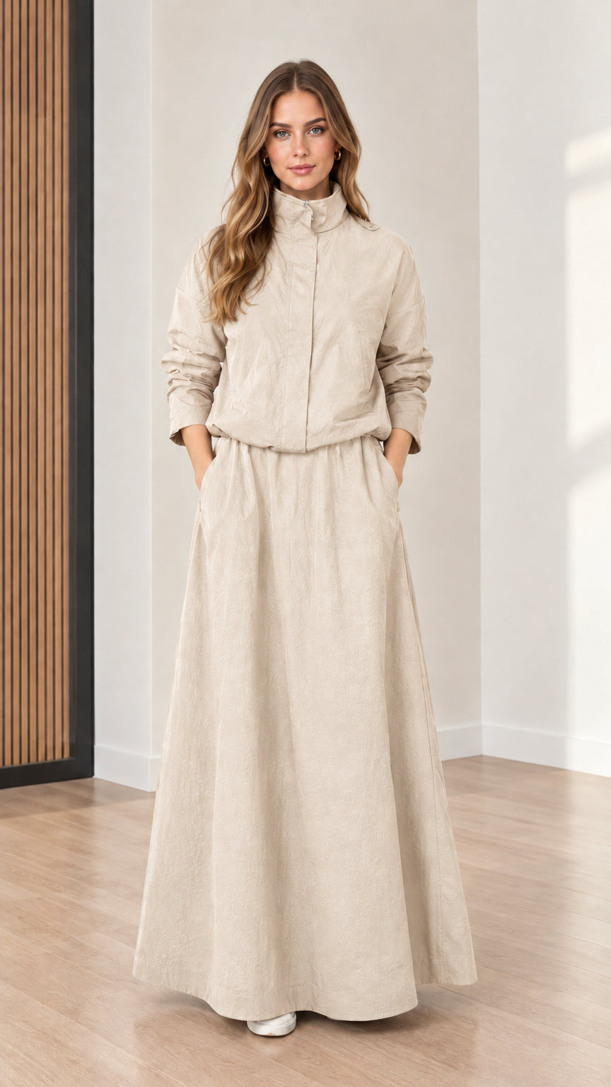 Front view of model wearing Beige long sleeve casual maxi dress