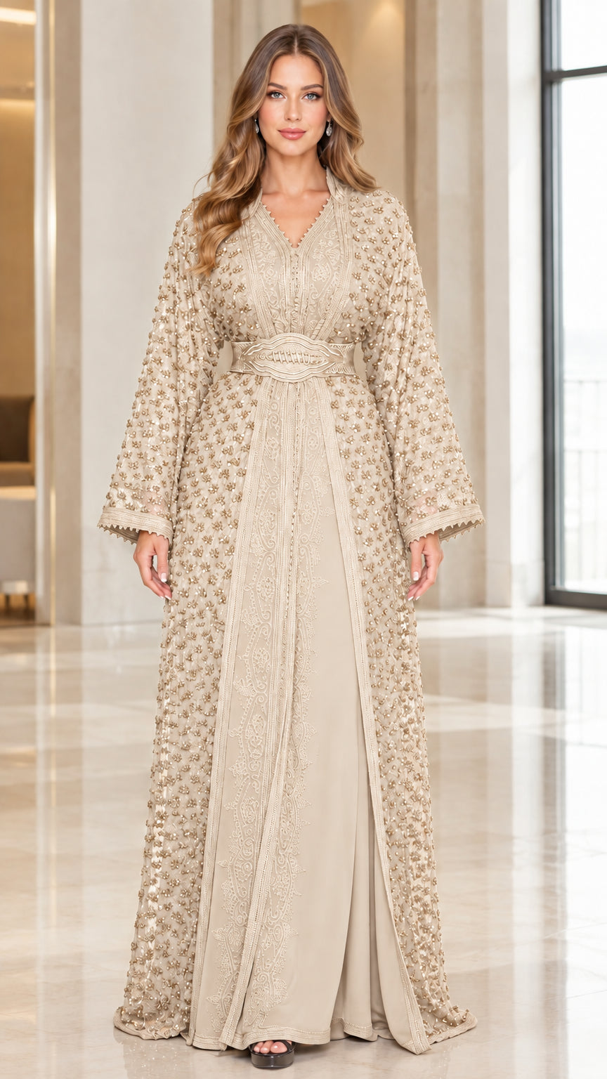 Front view of champagne beige beaded lace evening dress