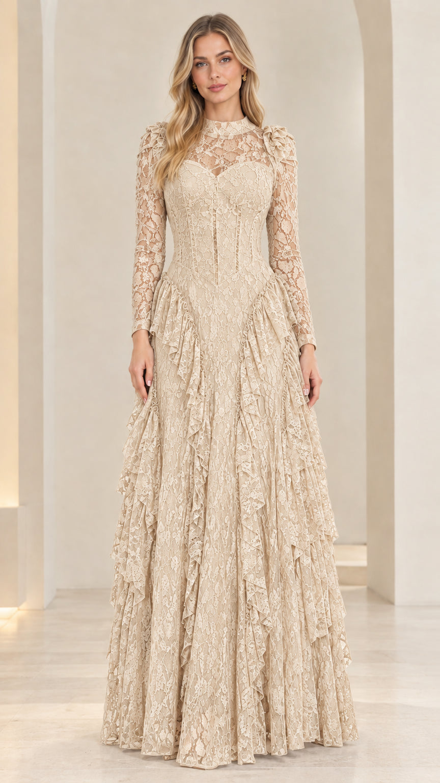 Front view of woman wearing champagne cream long sleeve tiered lace formal gown