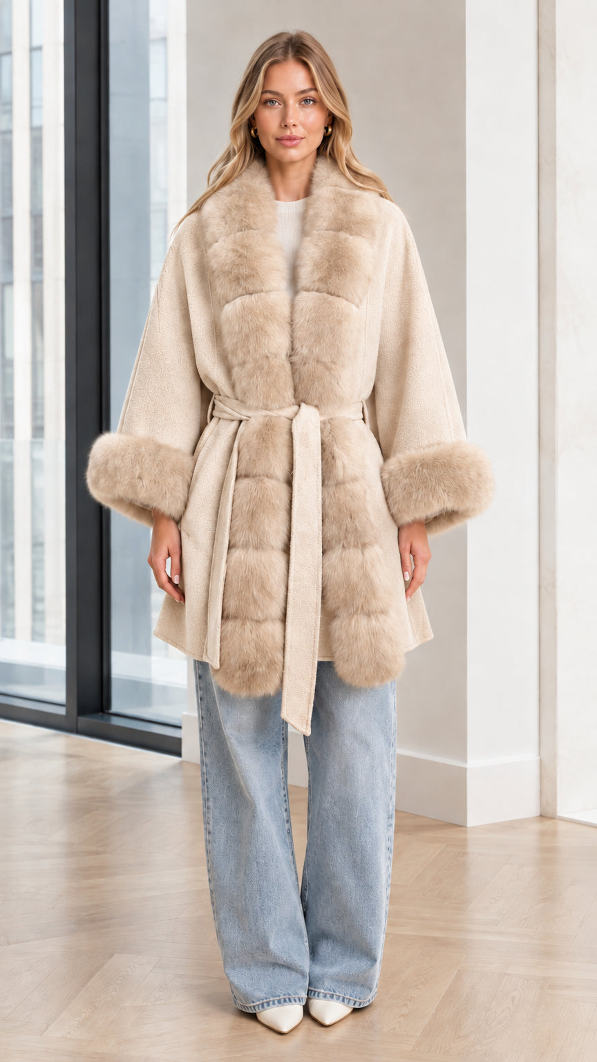 Model wearing Cream faux fur trim belted cape coat