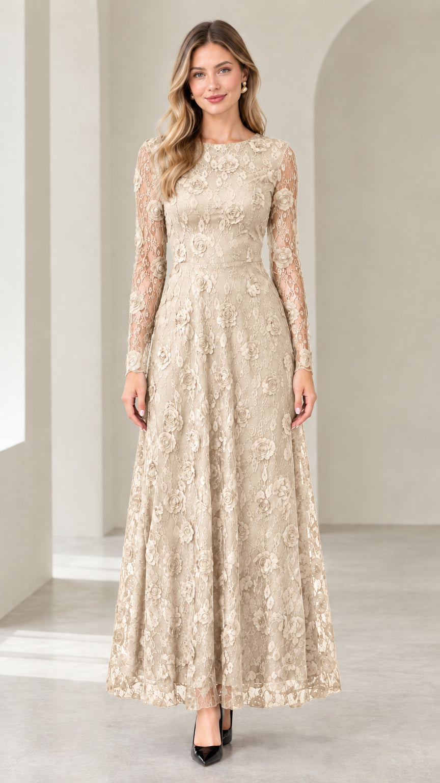 Champagne beige long sleeve lace evening maxi gown