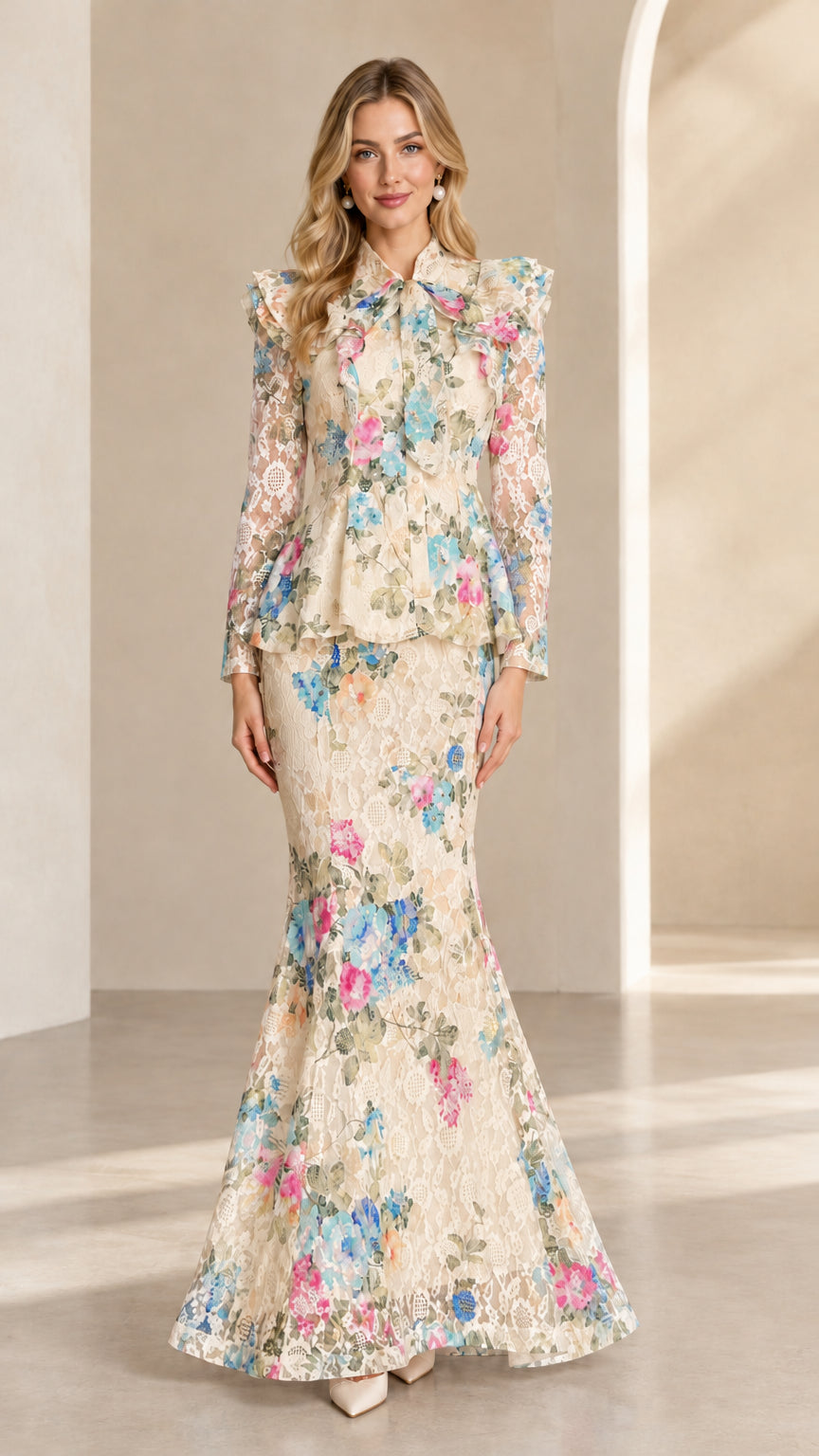 Champagne beige floral lace peplum top and mermaid maxi skirt