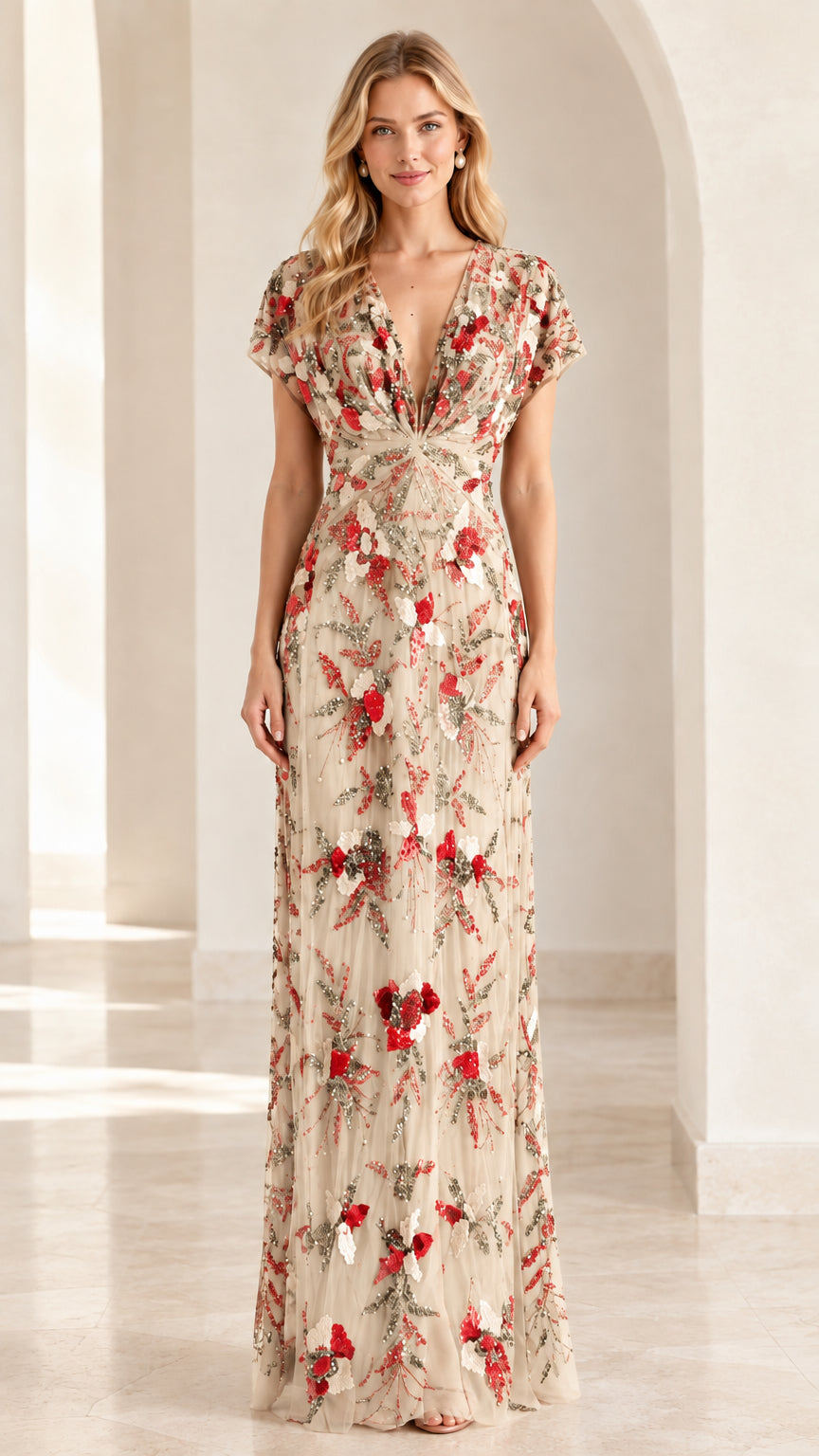 Front view of champagne gold floral embellished occasion dress