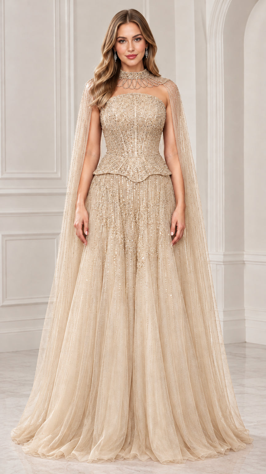 Front view of champagne gold beaded cape evening gown