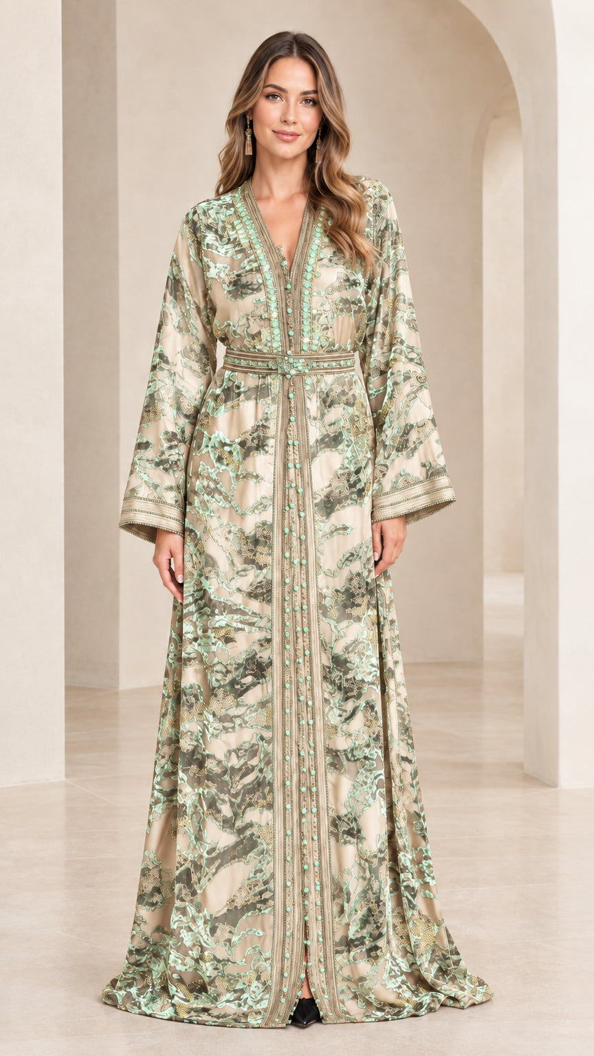 Full-length view of woman wearing champagne gold floral velvet kaftan dress