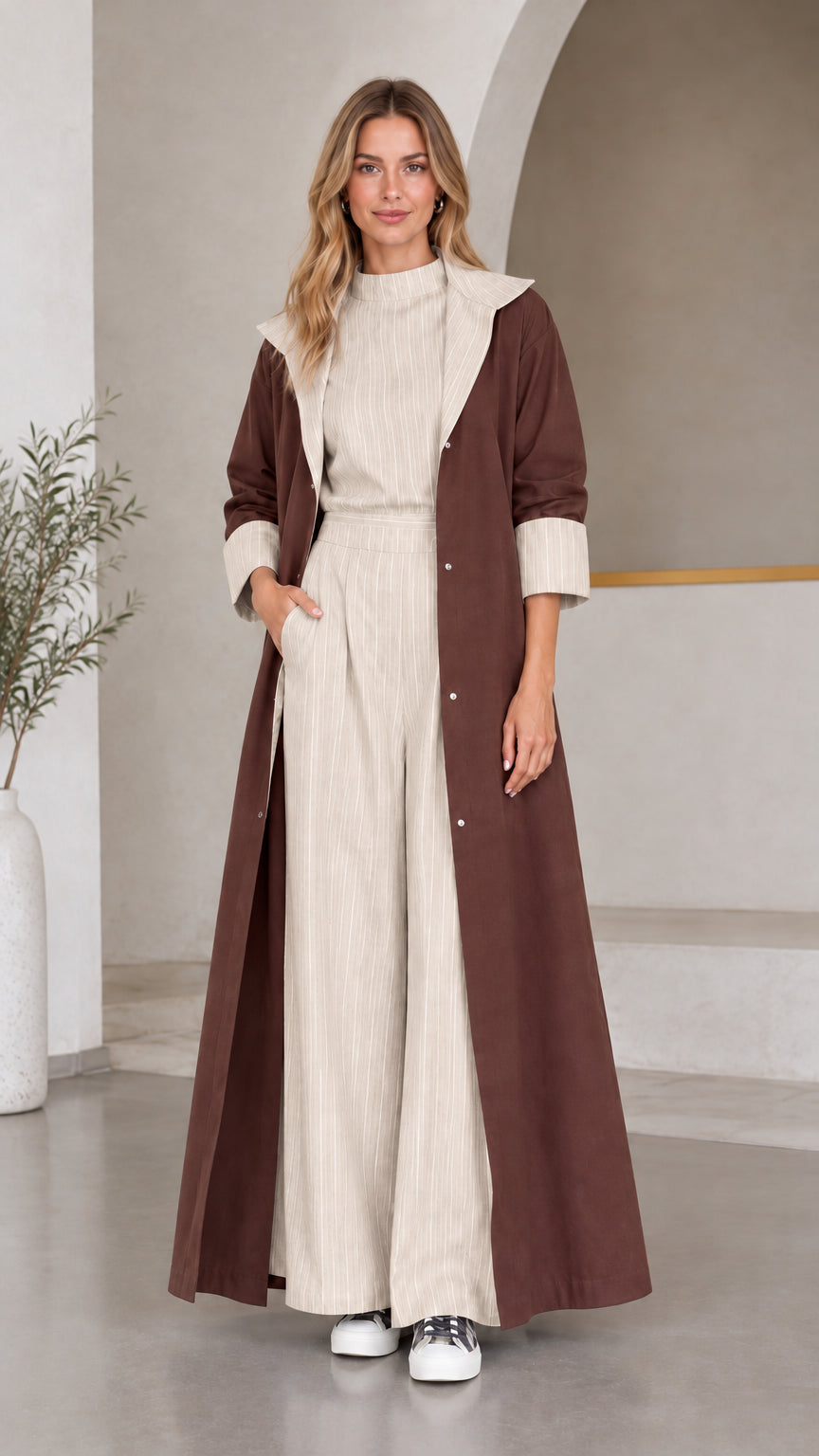 Women's brown maxi duster coat combined with cream striped wide-leg set