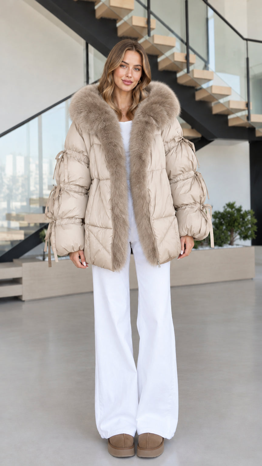 Women's beige cream hooded puffer jacket with fluffy faux fur and tie-detail sleeves