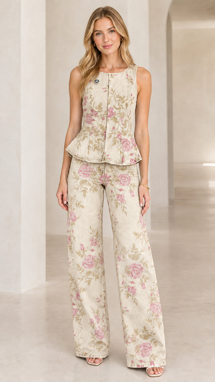 Beige floral denim matching peplum top and wide leg pants set