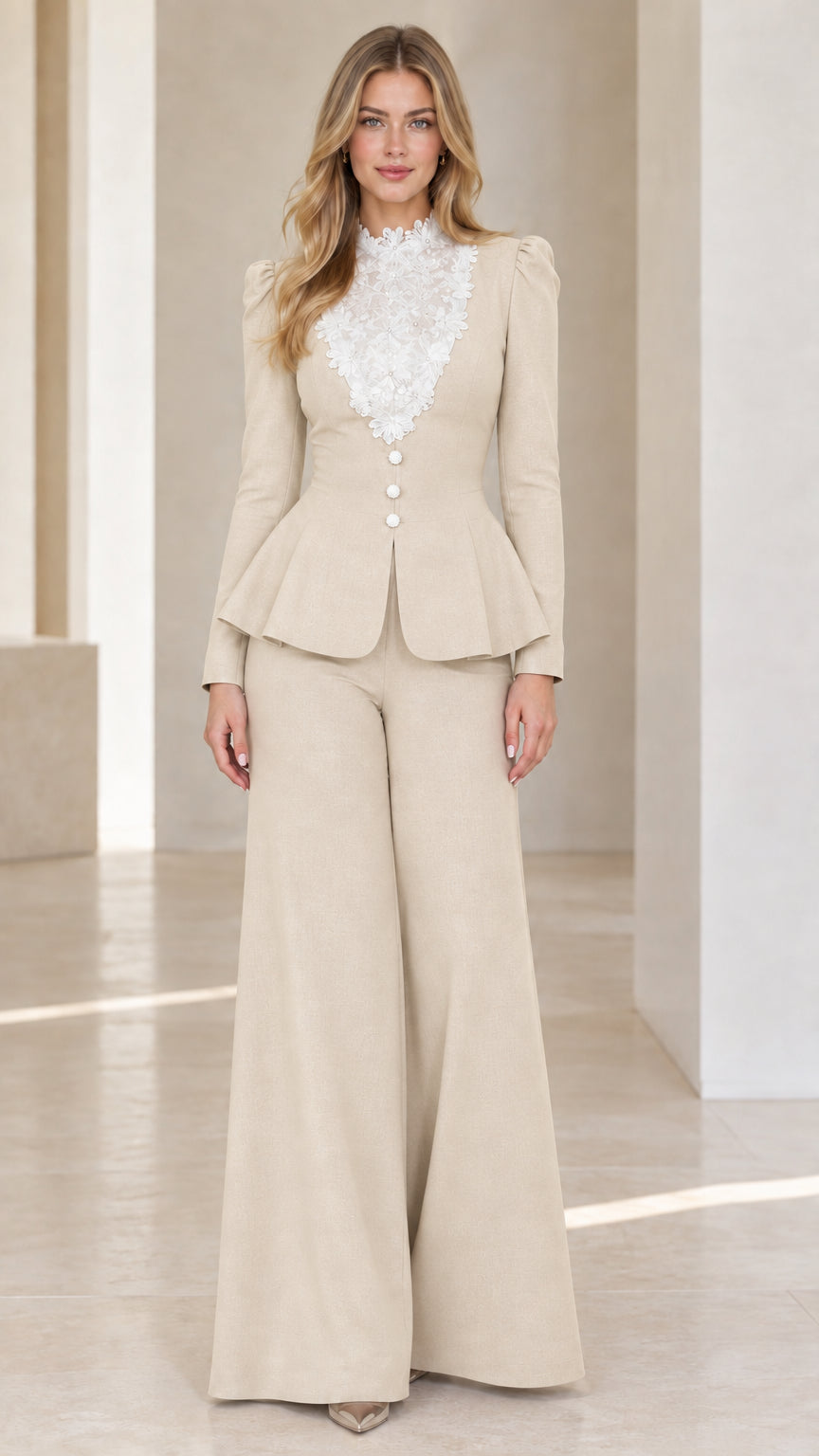 Beige champagne two-piece peplum blazer and wide-leg pant suit set
